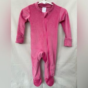 Super soft plush velour infant footie with fold over mittens in certain sizes